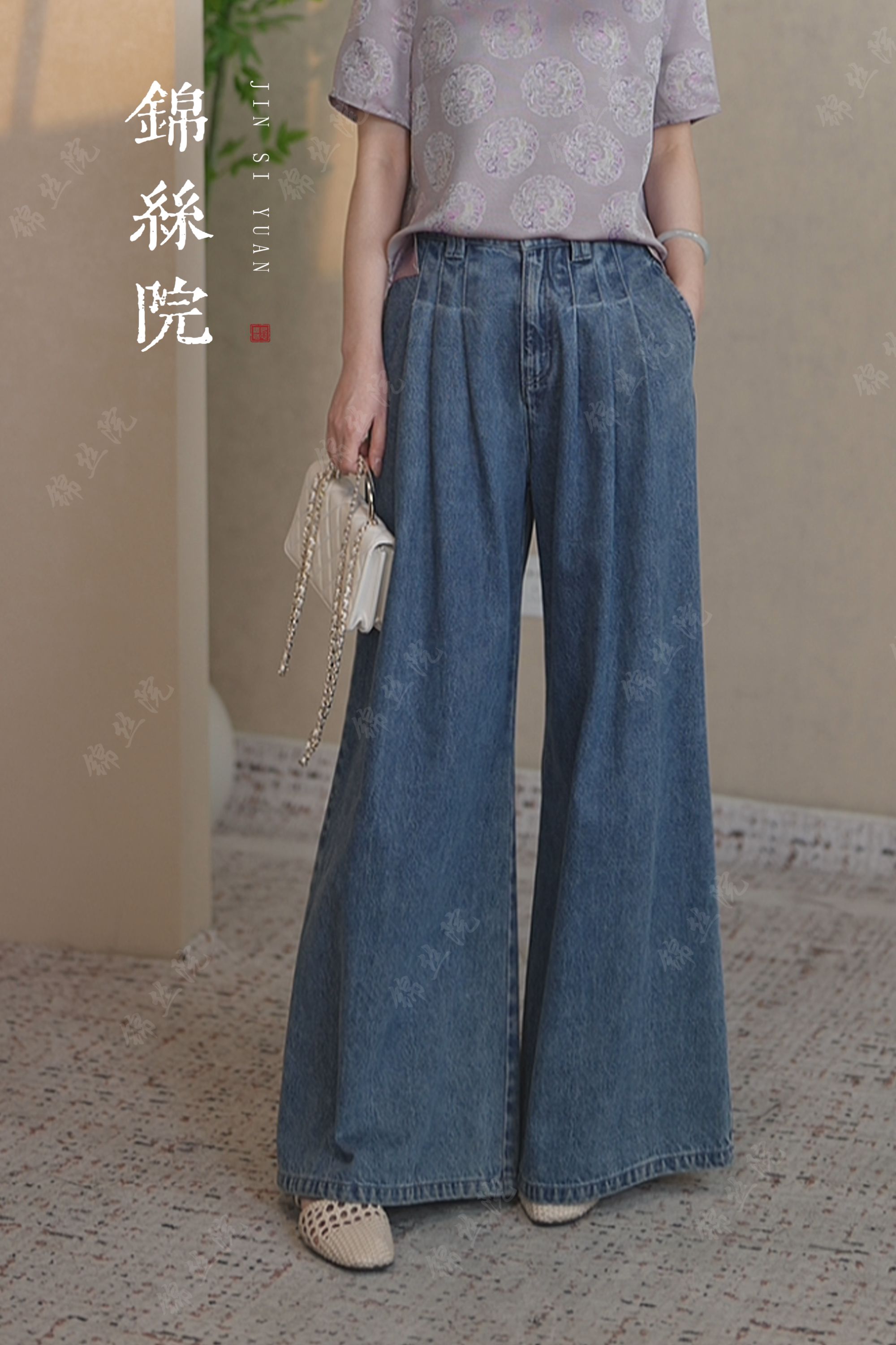 锦丝院【蓝色牛仔裤】新中式时尚休闲潮流宽松百搭轻奢牛仔裤665093