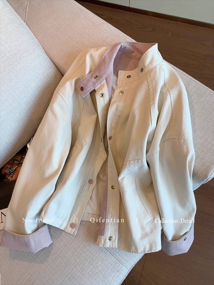 韩系撞色立领工装夹克外套女装2025秋季气质宽松休闲显瘦百搭上衣