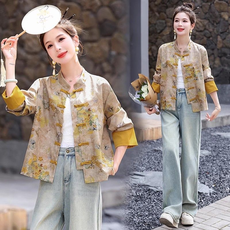 新中式国风提花缎面外套女2025秋季新款妈妈洋气唐装减龄盘扣上衣