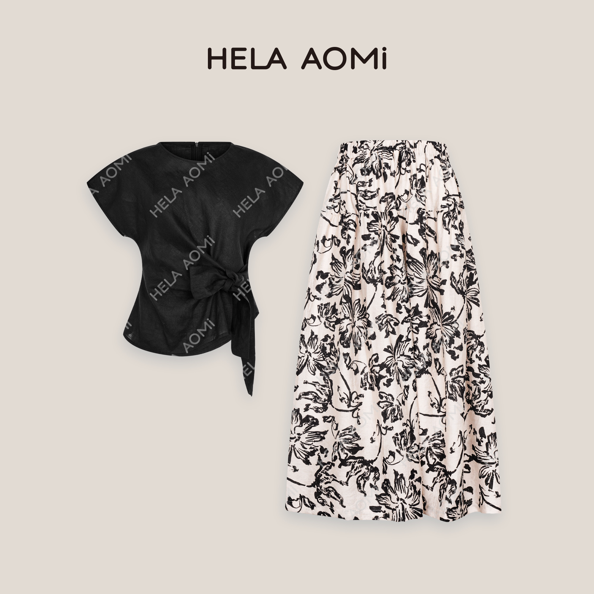 HELA AOMI“莱赛尔70%富华套装”亚麻系带短袖半裙两件套CY5BC99422