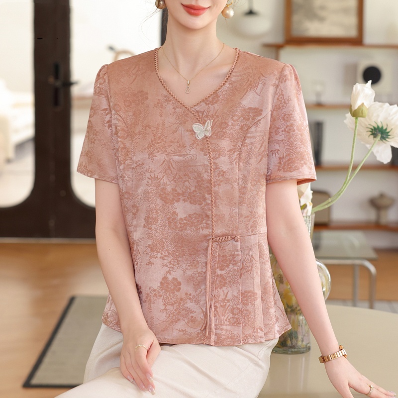 中年妈妈夏装套装新中式国风小衫中老年女装夏季冰丝T恤短袖上衣