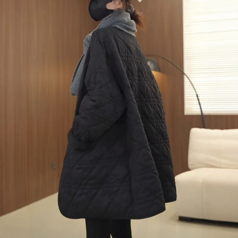 欧洲站2025冬季新款韩版百搭宽松中长款圆领外套女时尚纯色棉服潮