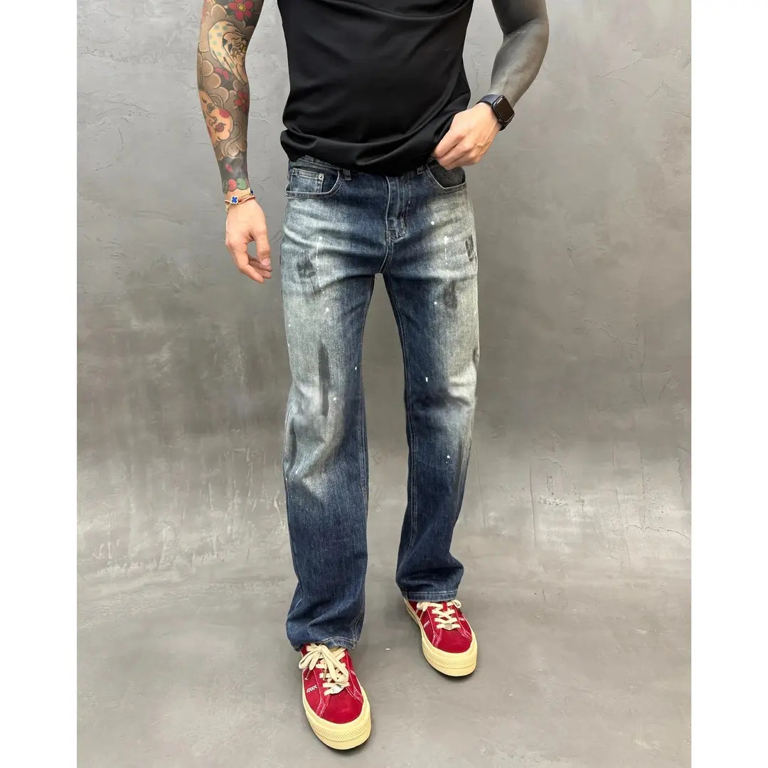 秋冬新款时尚韩版百搭泼墨蓝色修身潮流宽松直筒休闲男生牛仔潮裤