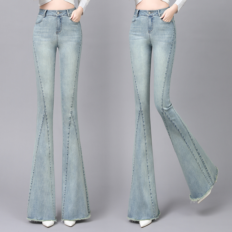 浅蓝色牛仔微喇叭裤女士高腰2025秋冬新款修身显瘦休闲百搭长裤子