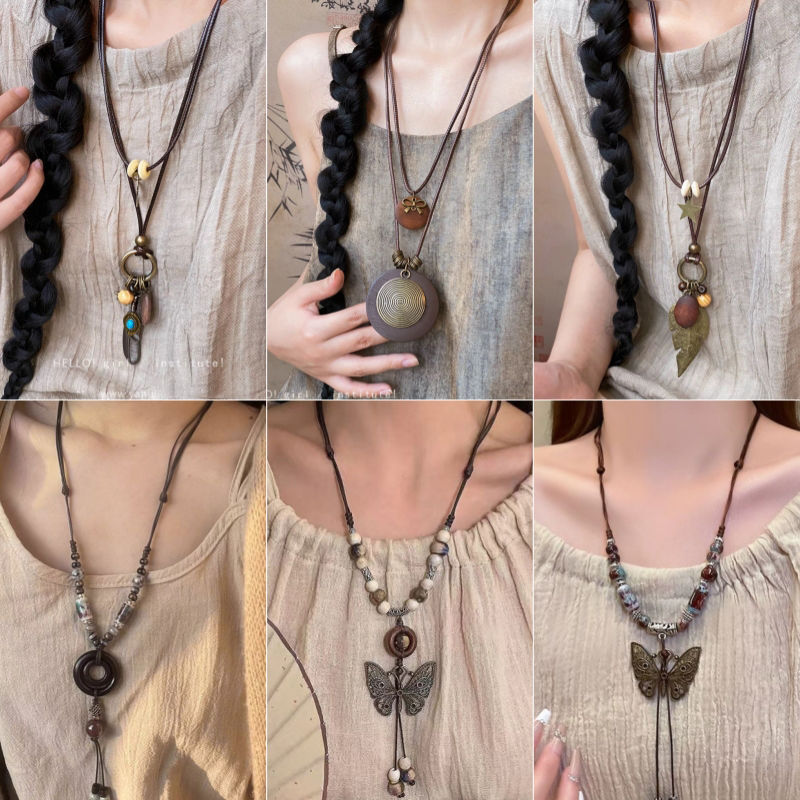 新中式禅意长款羽毛民族风项链双层复古毛衣链搭配云南旅游配饰