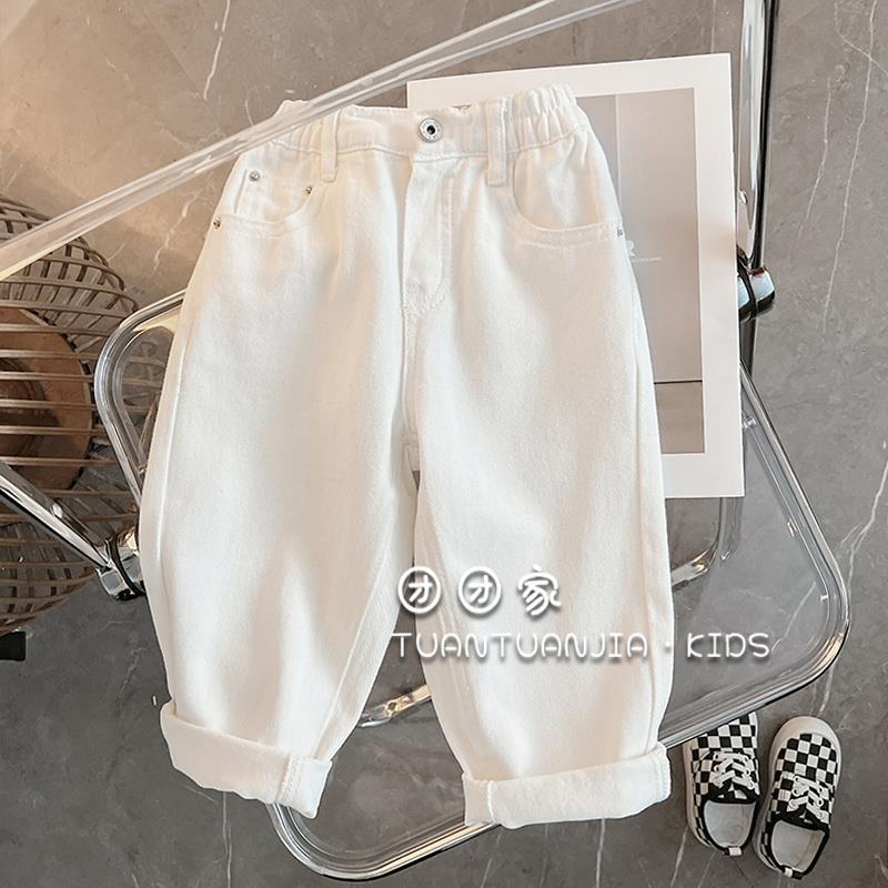 FAVMARTHA男童裤子儿童春装2025新款痞帅白色牛仔裤女宝宝洋气外