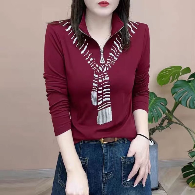 中年妈妈长袖T恤女款春秋印花半拉链上衣洋气高贵小衫内搭打底衫
