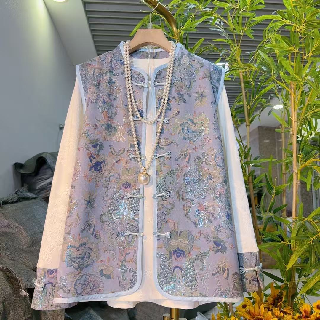 新中式国风盘扣提花马甲小衫套装改良民族风微胖女装3636中国风