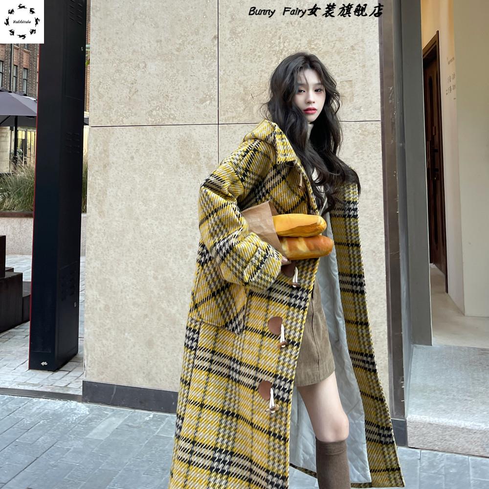 黄色格子牛角扣呢大衣女秋冬2025新款夹棉加厚毛呢外套高级感爆款