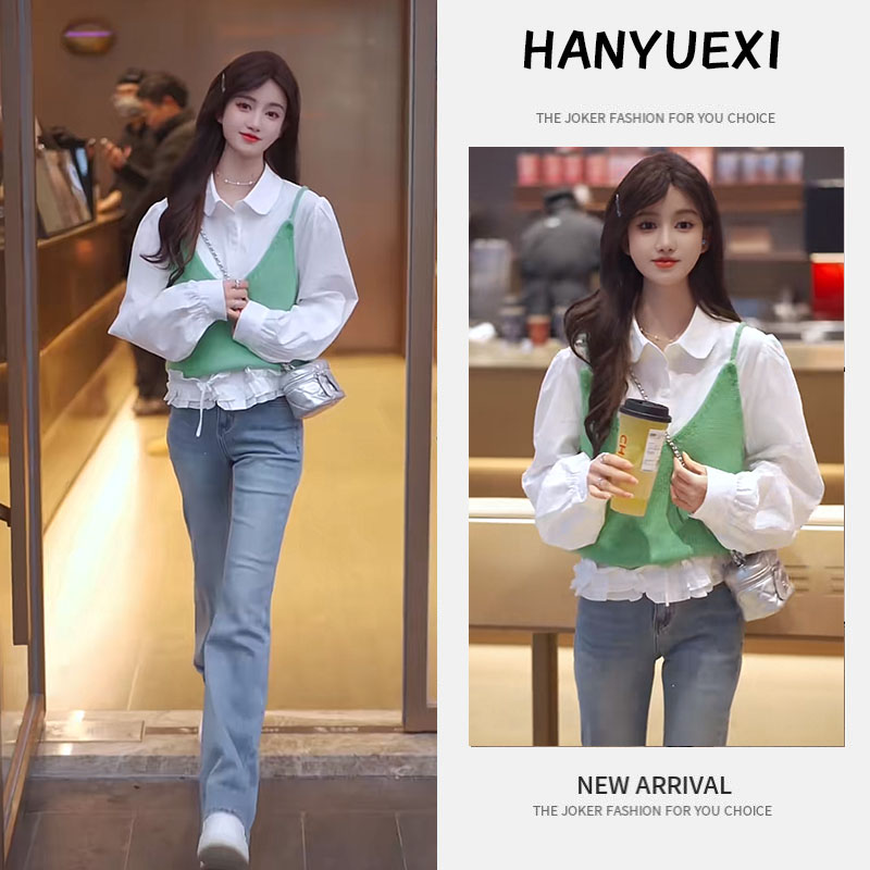 早春时尚一整套女装2025新款韩版木耳边衬衫针织吊带微喇裤三件套