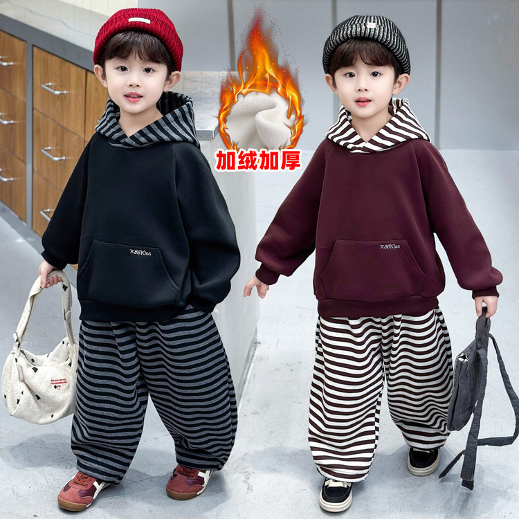 童装宝宝服装男童秋冬装条纹小童加绒保暖套装加厚帅气运动2件套