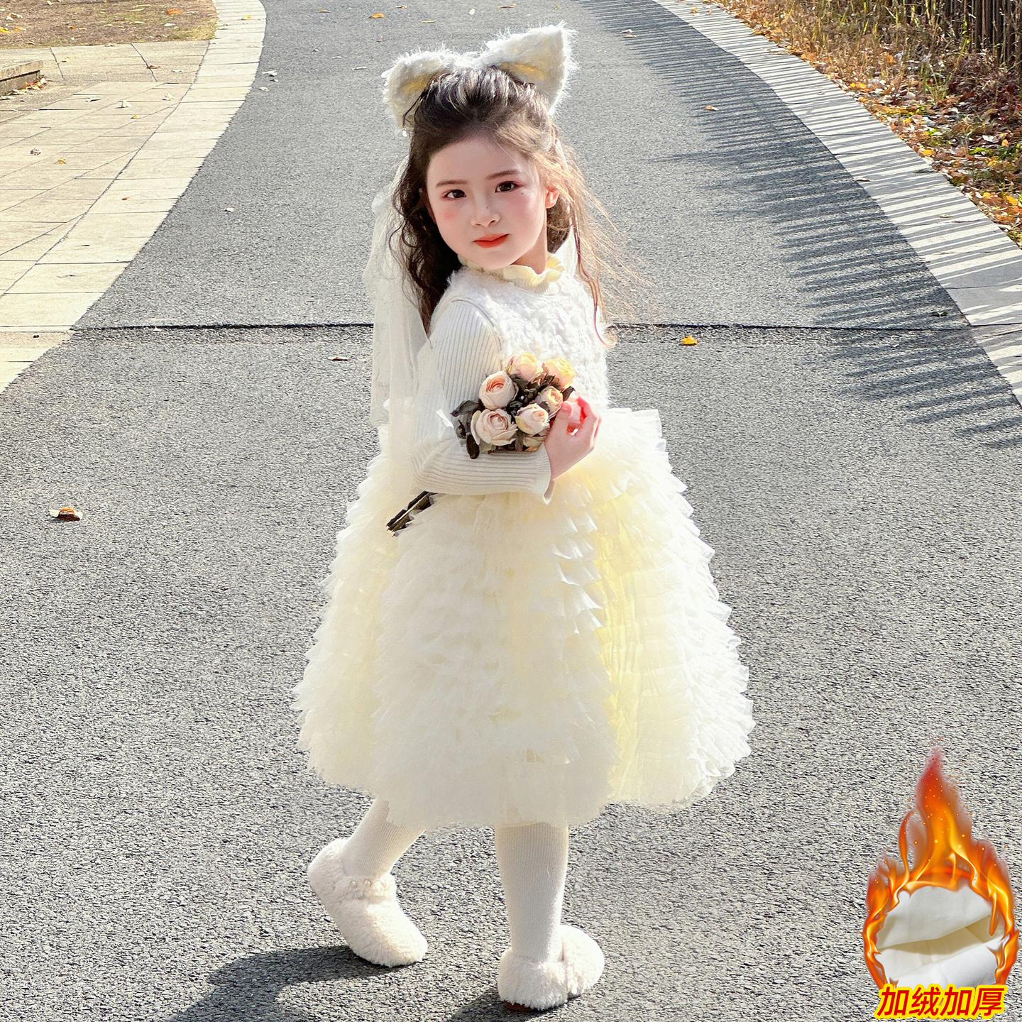 女童加绒生日礼服公主裙洋气冬款儿童女宝小女孩洋气蓬蓬裙连衣裙