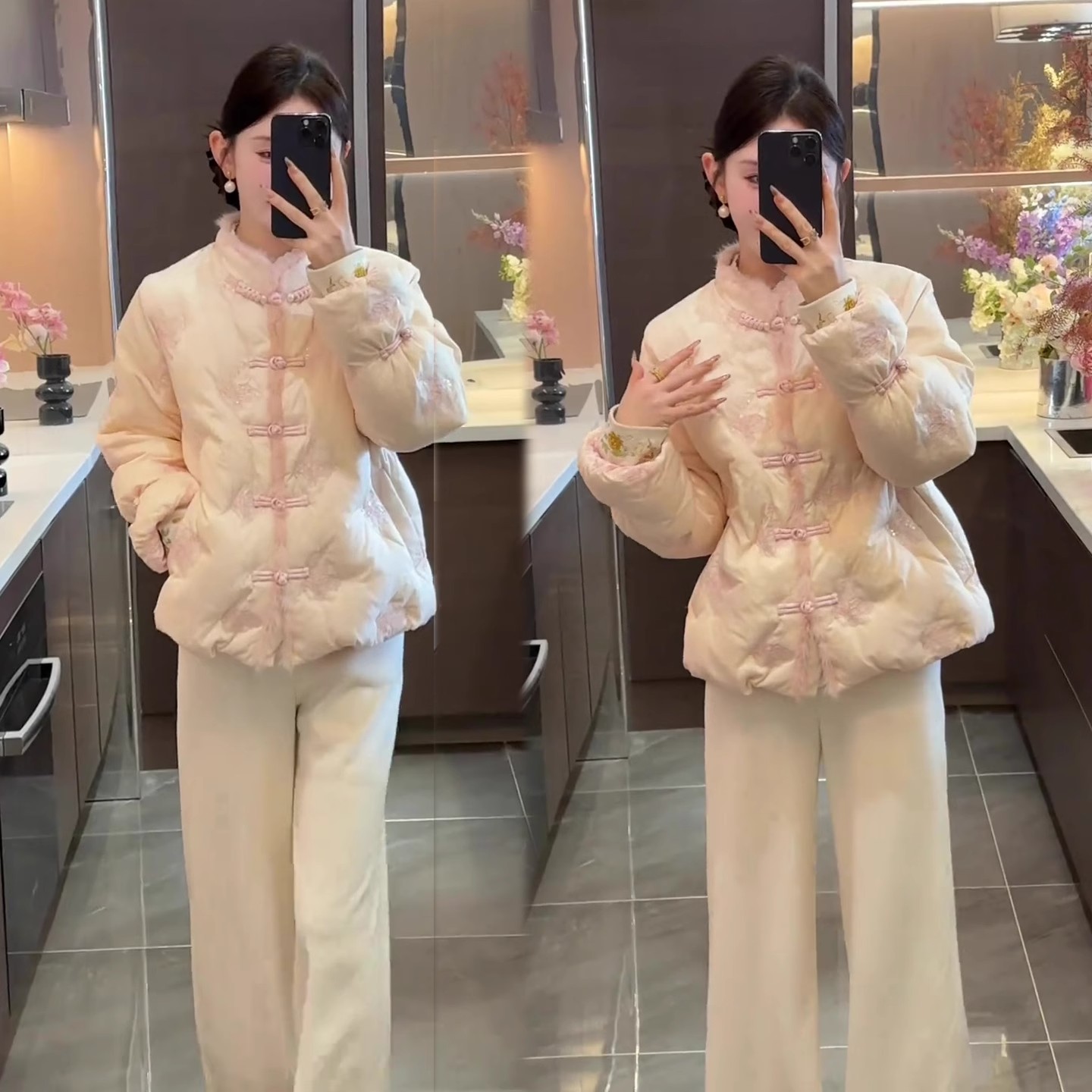 透气立领耐磨女厚款刺绣棉衣棉服套装连帽百搭保暖洋气两件套