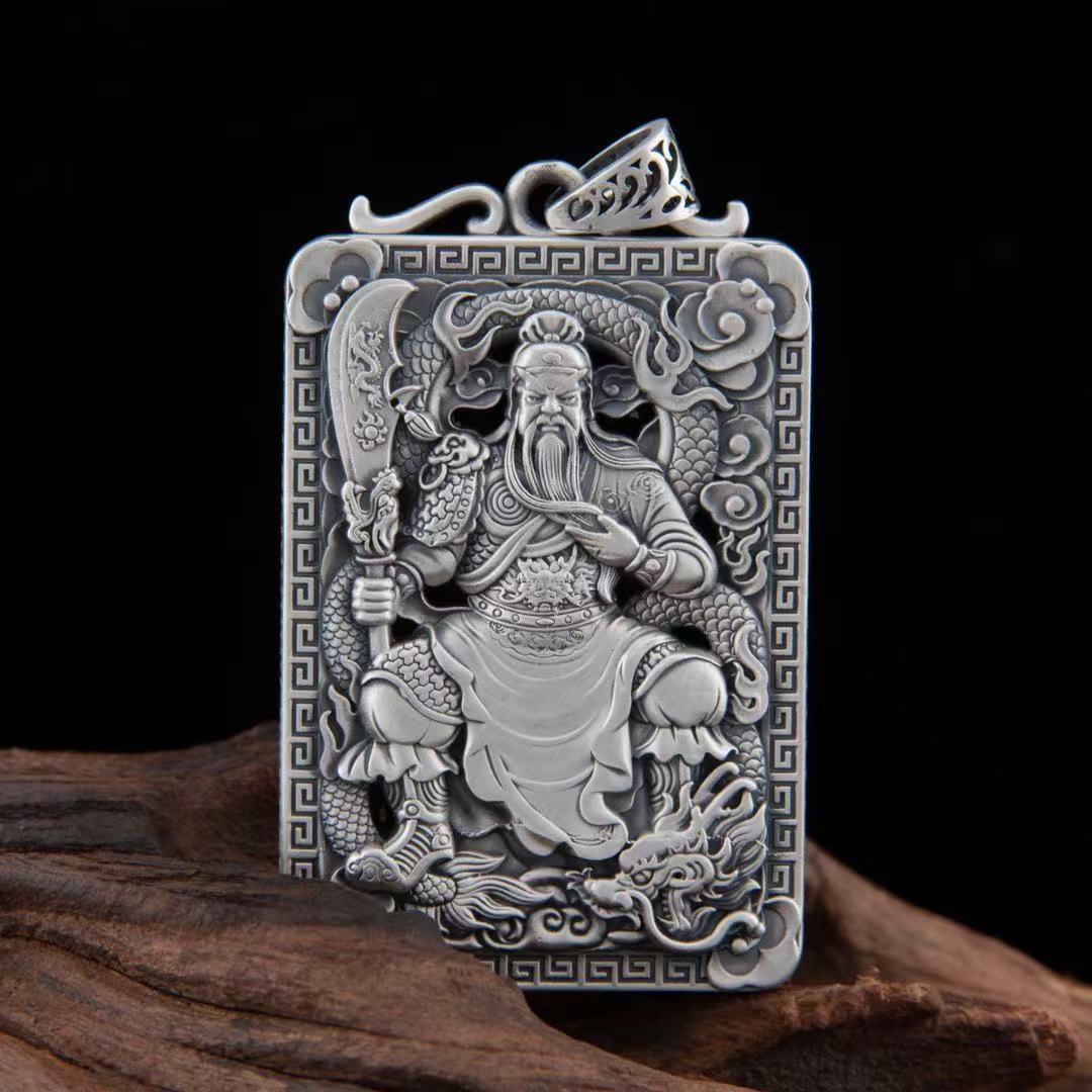 吊坠足银 足银999镂空关公吊牌