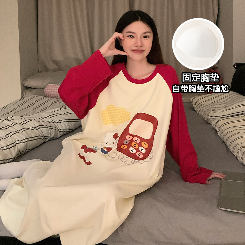 秋季睡裙女长袖带胸垫2025年新款爆款高级感大码家居服睡衣可外穿