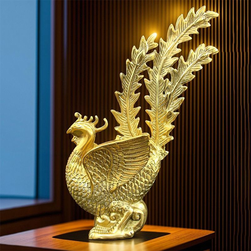 金色五行火黄铜凤凰摆件吉祥物铜朱雀南四方神兽婚姻结家居装饰