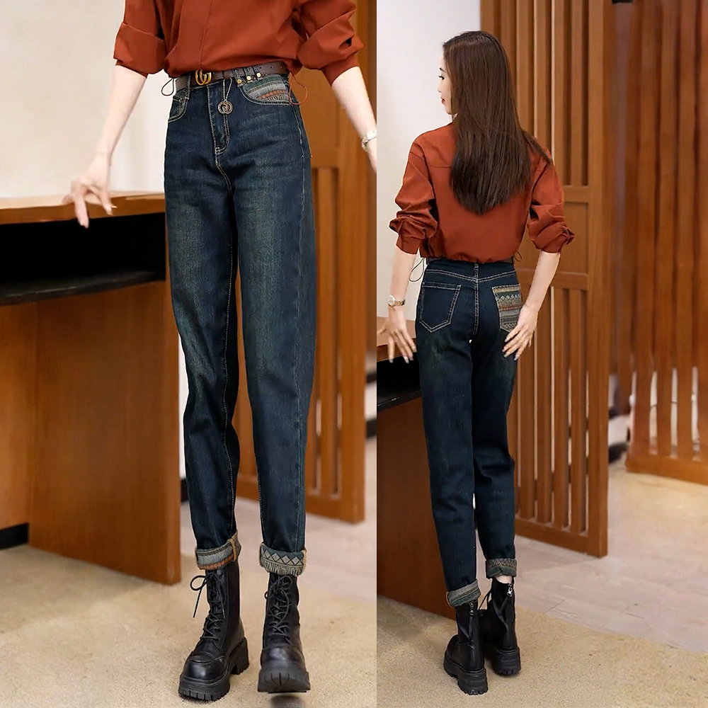 拉夏贝尔加绒牛仔裤2025年新款高腰裤春秋冬季哈伦萝卜老爹裤