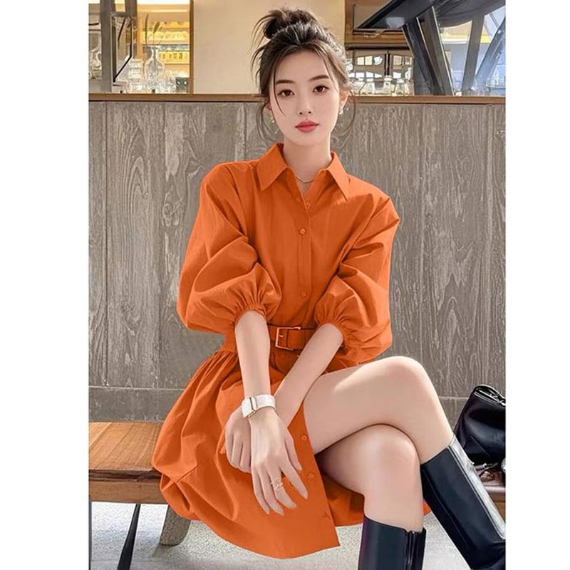 时尚大码纯色洋气衬衫连衣裙女士2025春秋新款气质显瘦中长款裙子