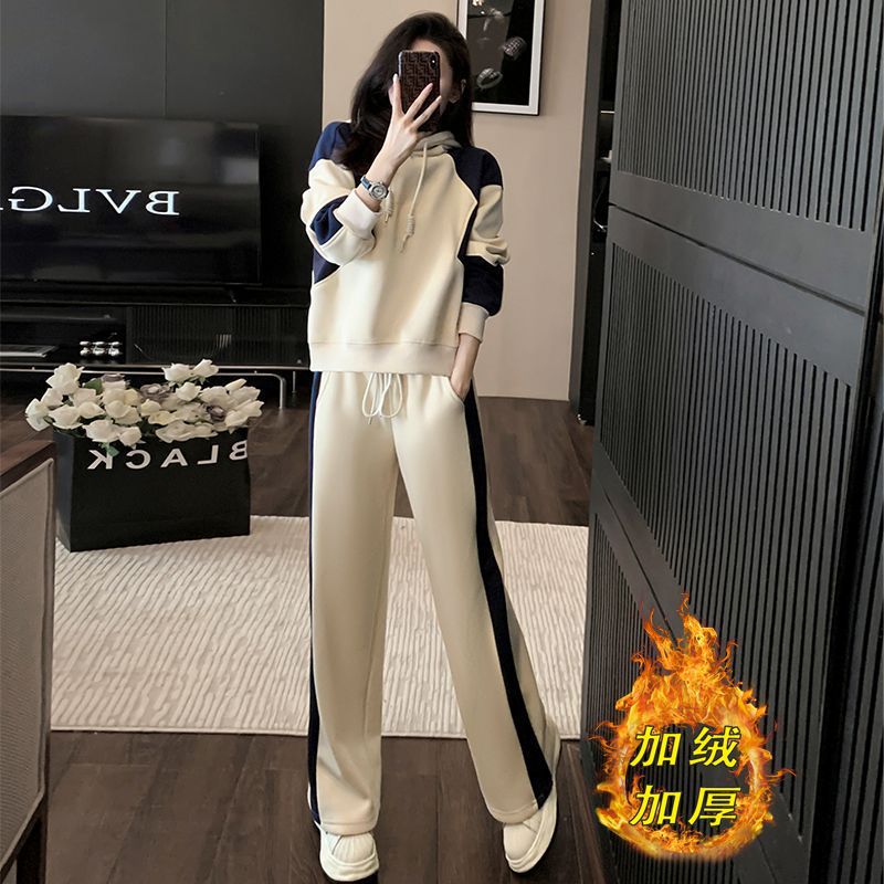 早秋卫衣休闲时尚运动套装女春秋2024年新款撞色连帽遮肉两件套潮