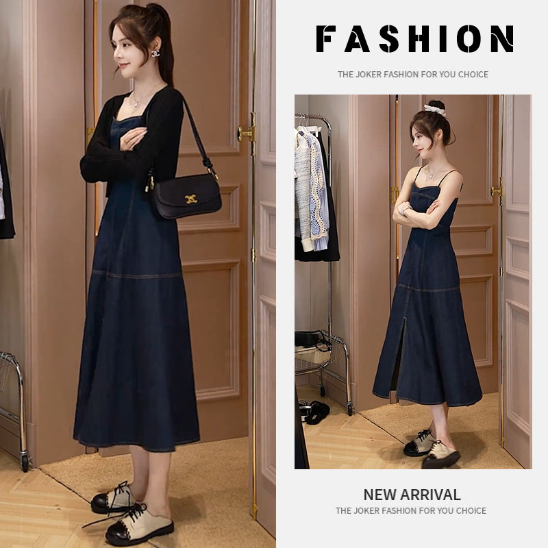 早春一整套女装2025新款韩版针织开衫披肩收腰牛仔吊带长裙两件套