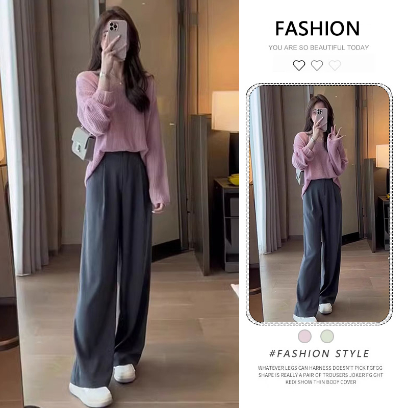 慵懒长袖粉色毛衣女2025春秋新款今年流行垂感宽松阔腿西裤两件套