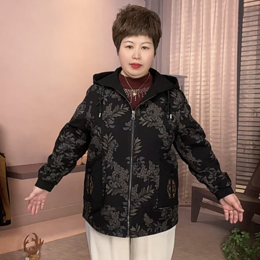 40-50岁大码妈妈秋装衣服 春秋洋气连帽外套宽松印花中老年时髦女
