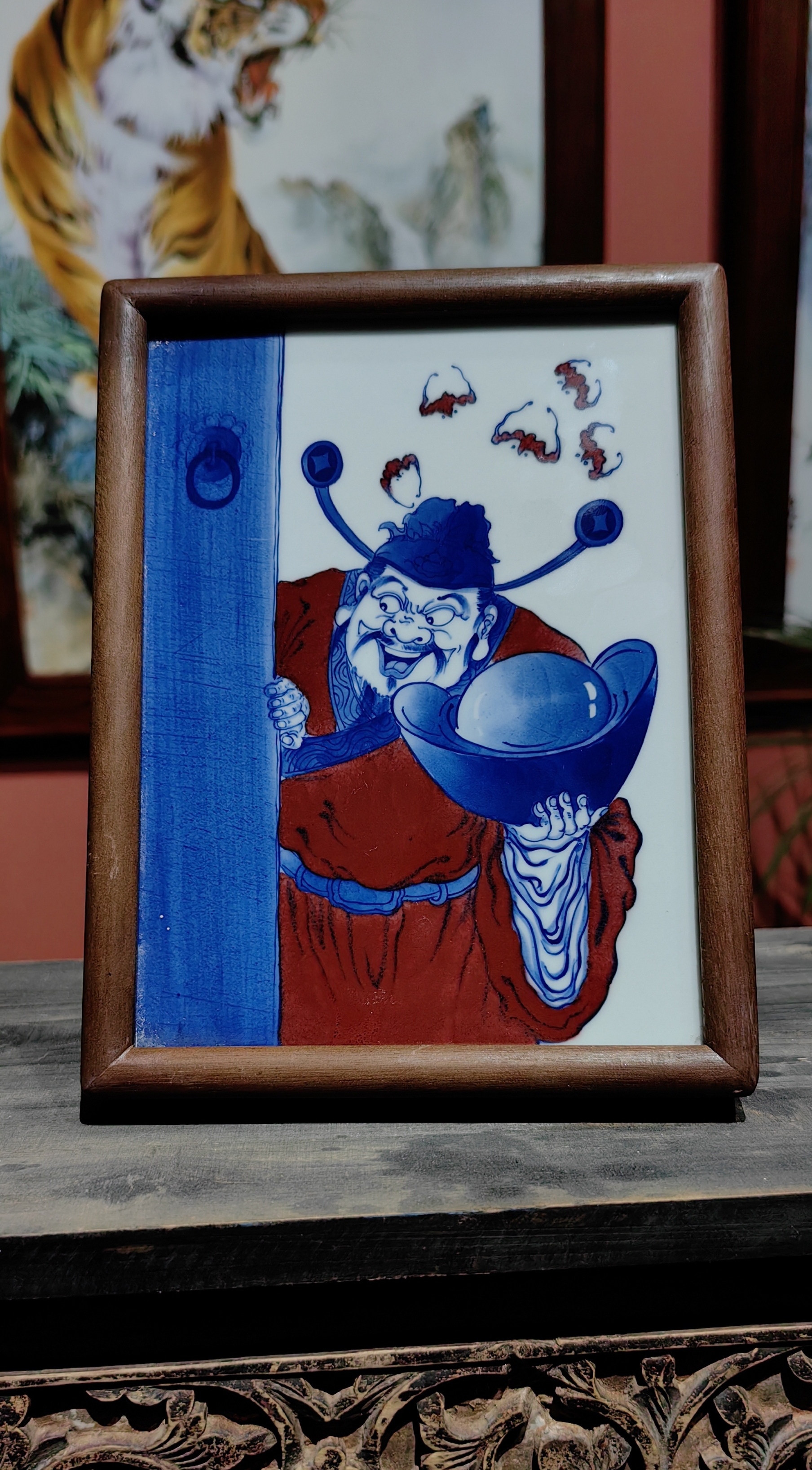 禛言堂手绘青花釉里红钟馗送财瓷板画茶桌摆台