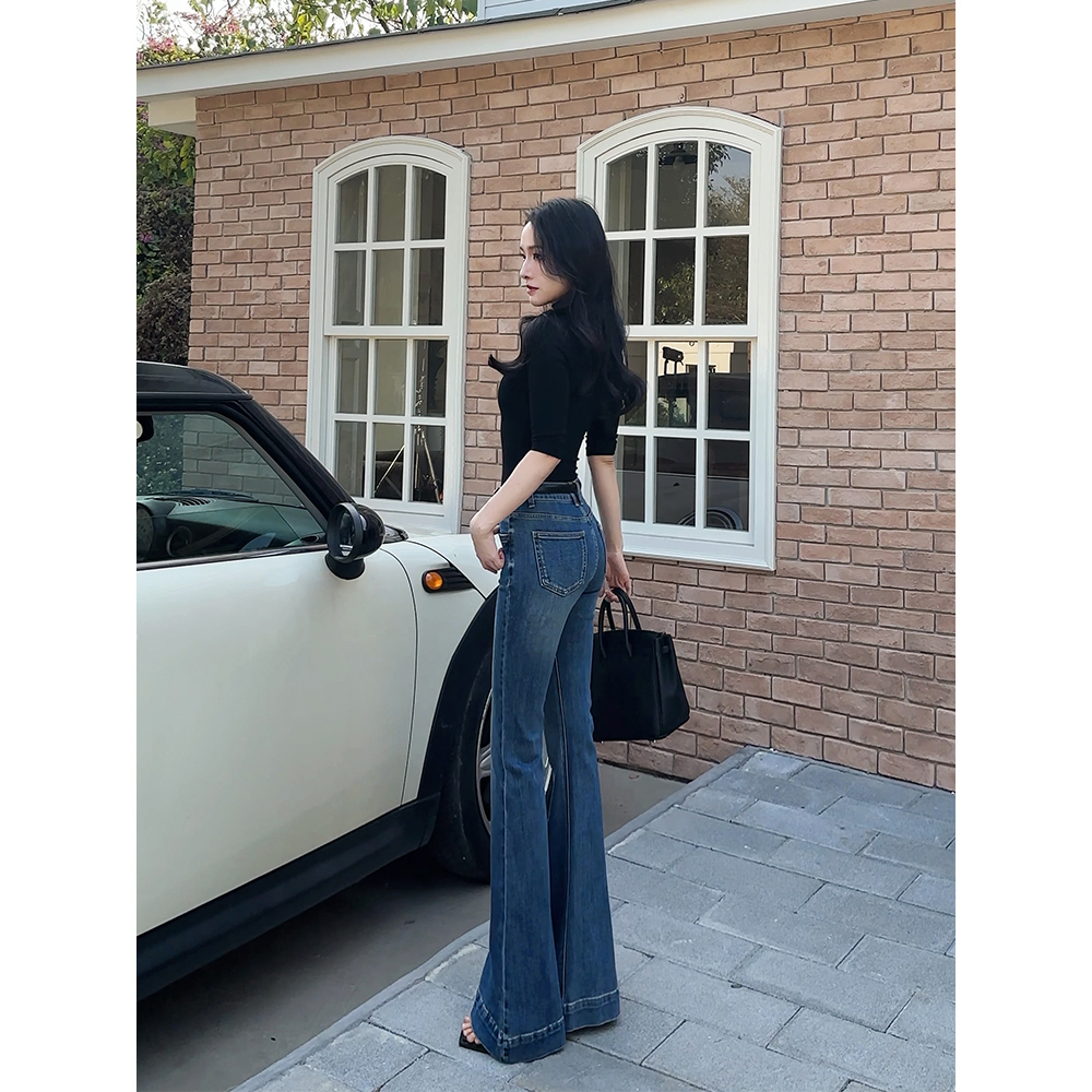 2025复古蓝色喇叭长裤新款设计感修身显瘦辣妹微喇牛仔辣妹服饰