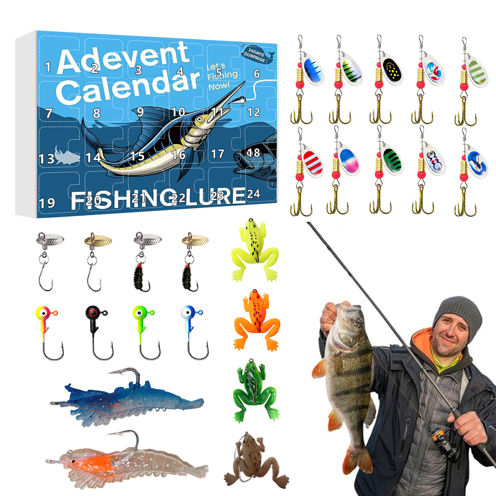 仿真虾饵路亚饵软饵新款圣诞钓鱼套装钓鱼爱好者日历盲盒创意礼物