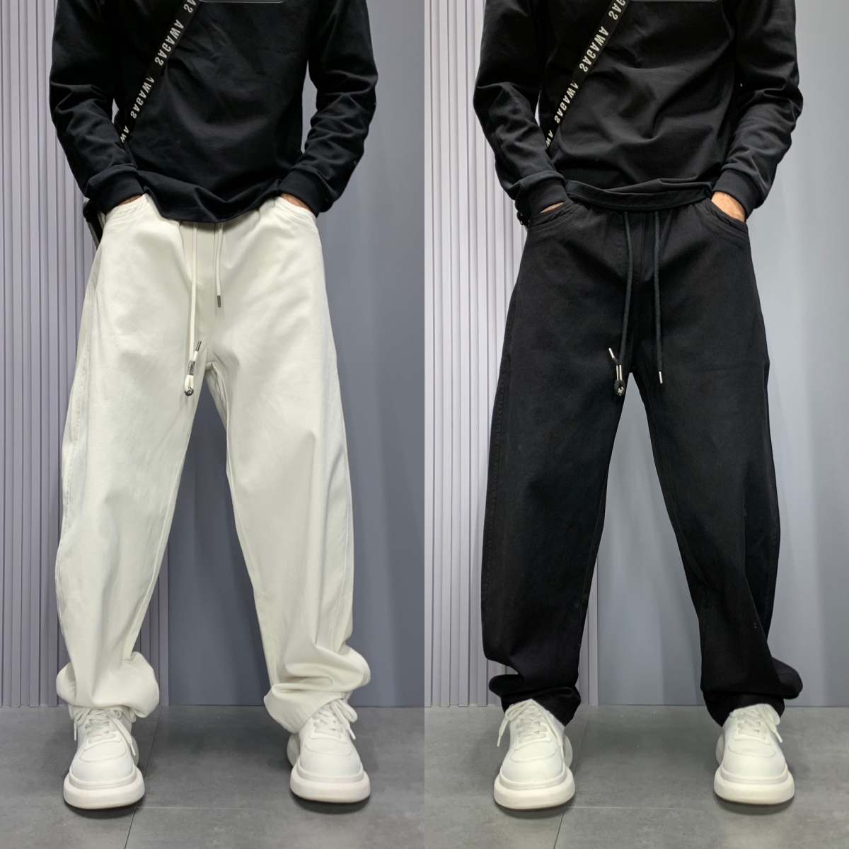 2025早秋新款美式阔腿裤子潮牌百搭拼接休闲裤男士宽松时尚弯刀裤