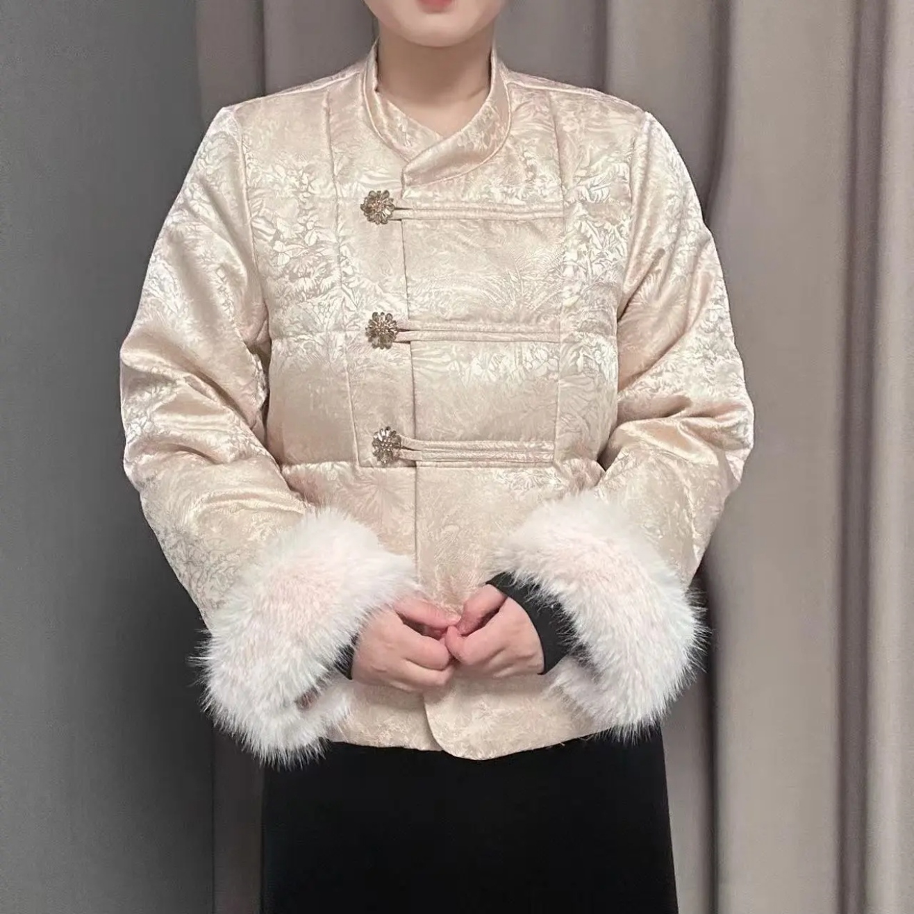 新中式秋冬提花保暖棉服国风棉服冬季新中式大钻扣毛毛袖棉服