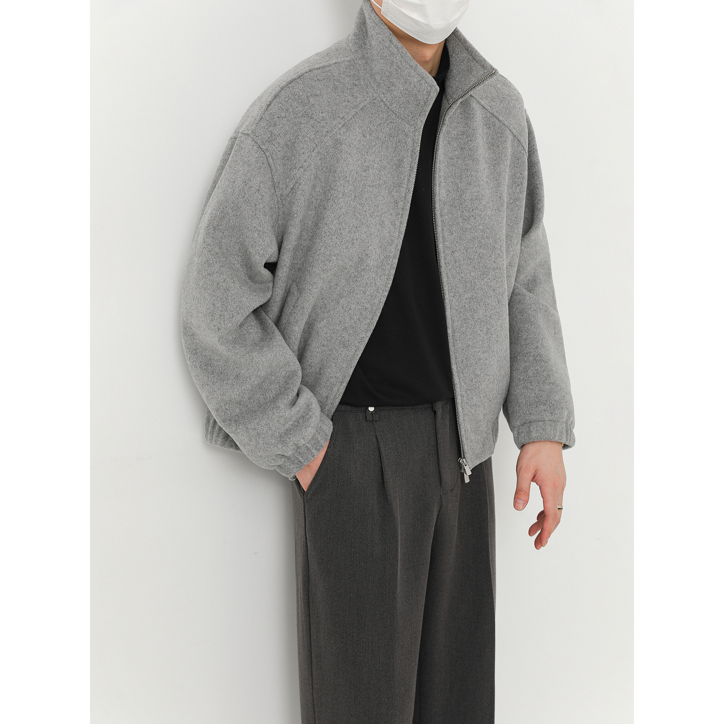 卓卓秋冬季宽松立领短款羊毛呢夹克 男士潮牌INS加棉保暖呢子外套