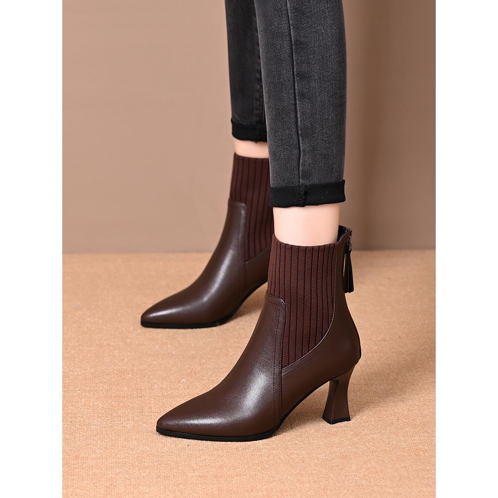 【万达撤柜】舒适百搭高跟短靴女尖头粗跟短筒靴子2025新款瘦瘦靴秋