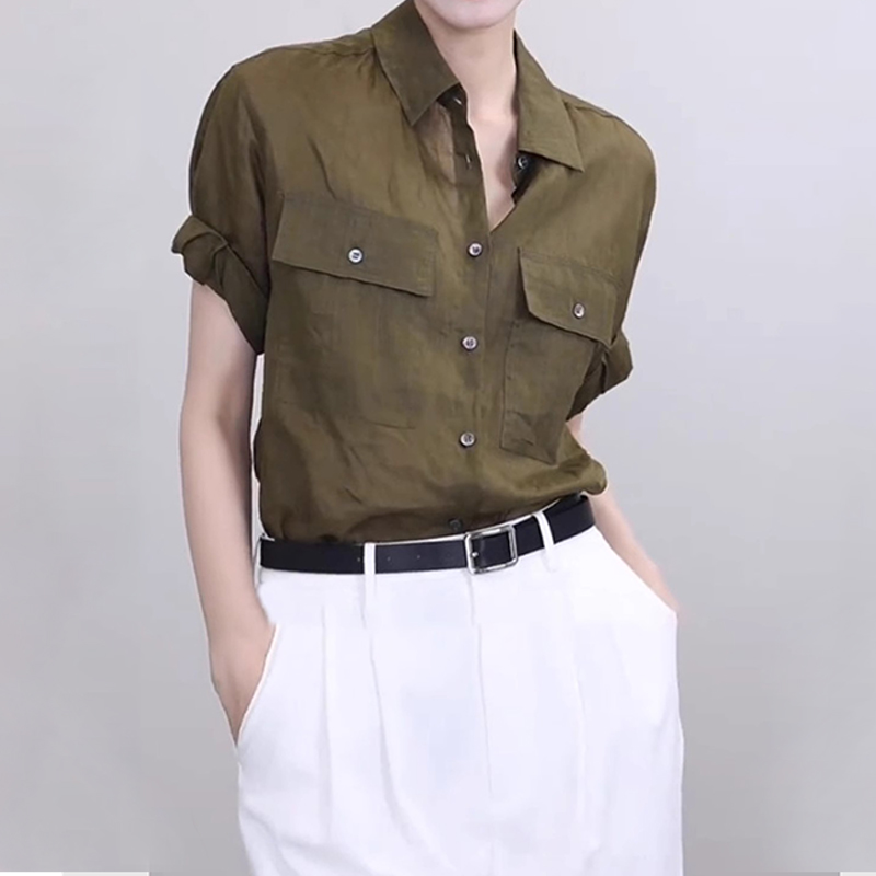 韩版小众简约风纯色polo领衬衫女新款轻薄透气慵懒显瘦单排扣上衣