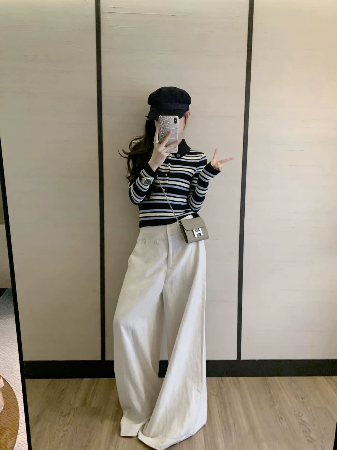 春秋新款潮牌女装韩版休闲撞色条纹翻领针织衫收腰上衣气质直筒裤