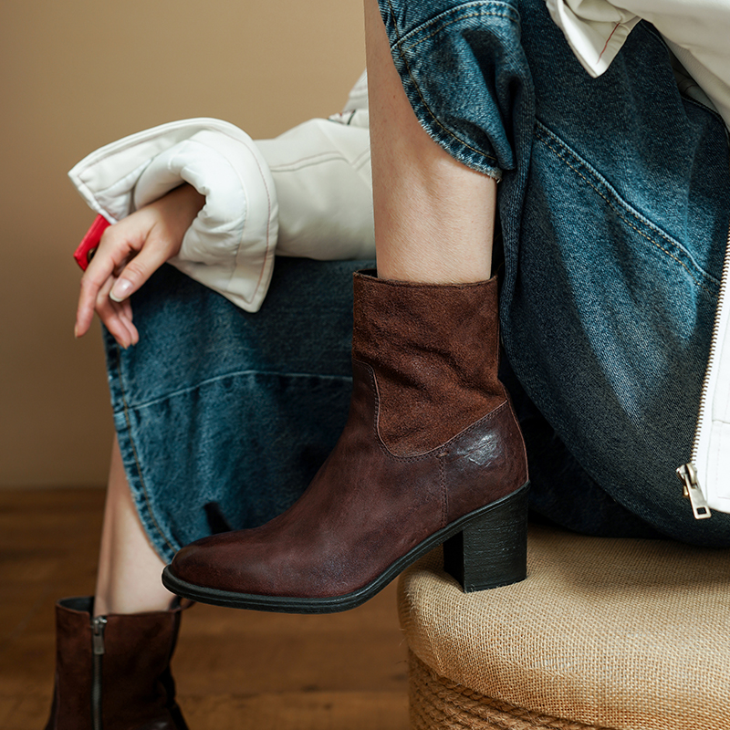 跟高6.5CM/水洗油蜡头层马皮高跟马丁靴粗跟复古棕色真皮秋冬短靴