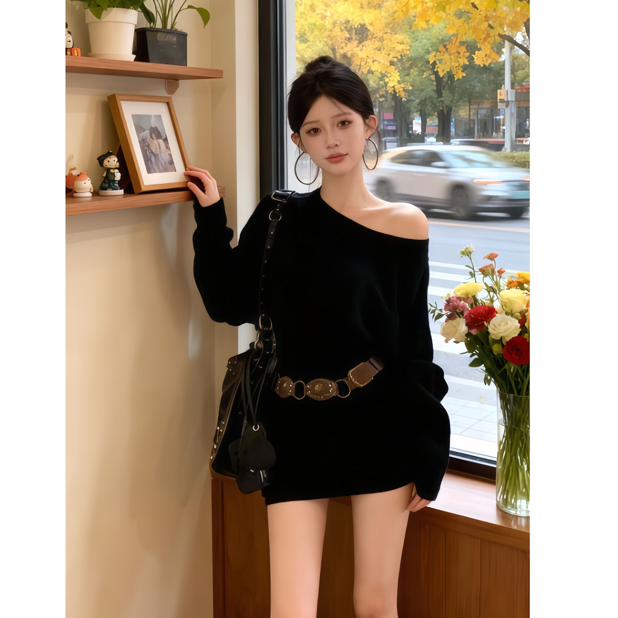 2025秋季新款洋气高档轻奢小黑裙法式短裙收腰一字肩连衣裙包臀裙