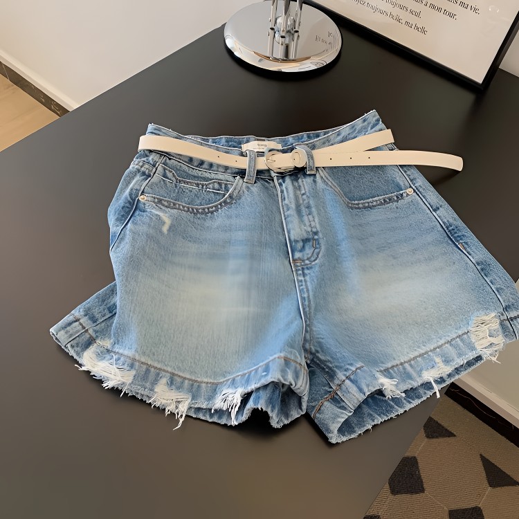 禾黍黎新款蓝色磨破牛仔短裤设计显瘦裤子百搭辣妹慵懒牛仔裤夏季