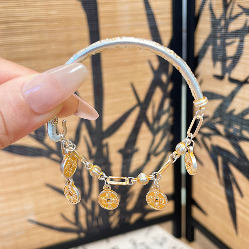 足银珐琅手链 「半福圆币」银手链女款999.9吉言描金钱币半镯半链