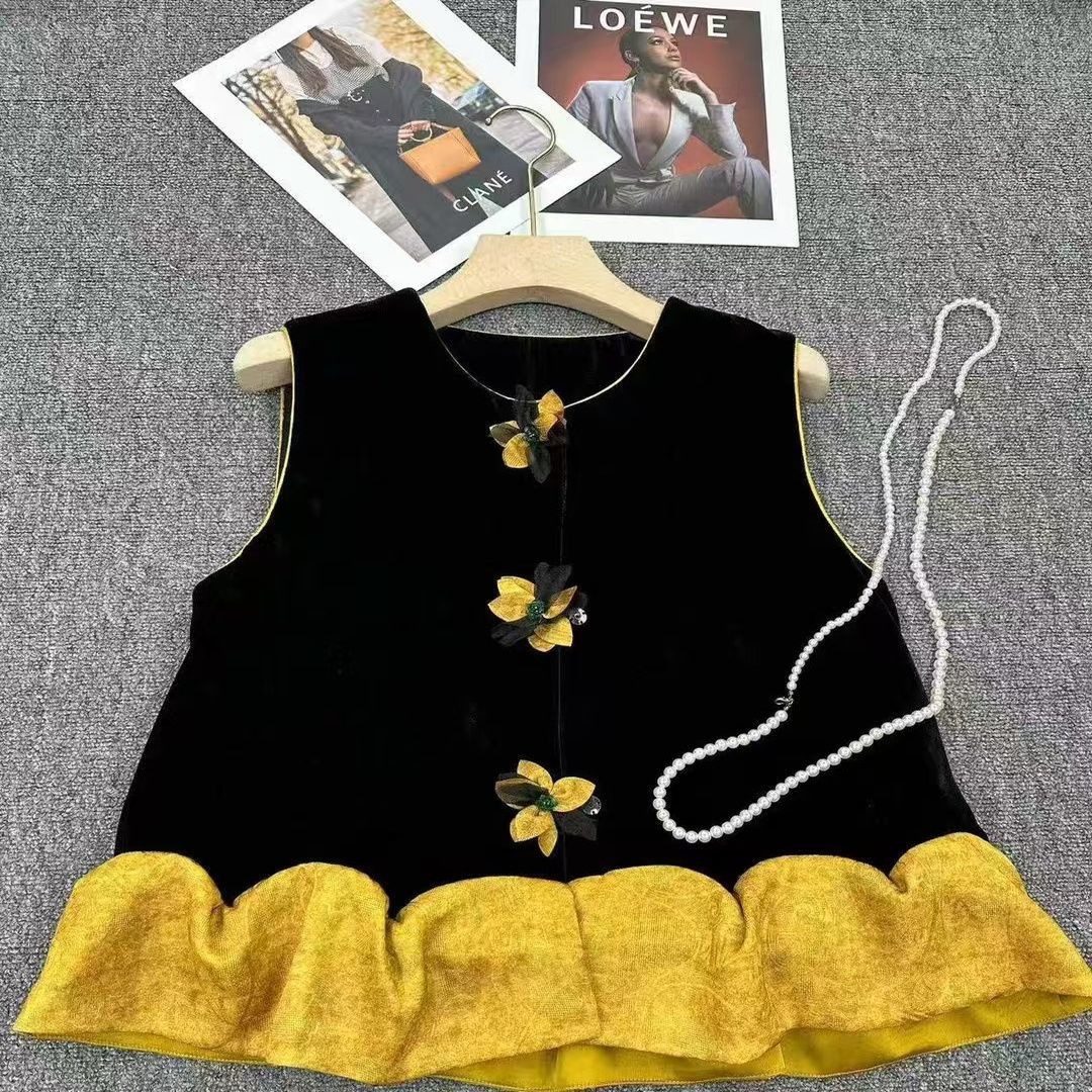 早秋新款时尚新中式马甲女圆领轻国风丝绒拼接马夹复古洋气上衣潮