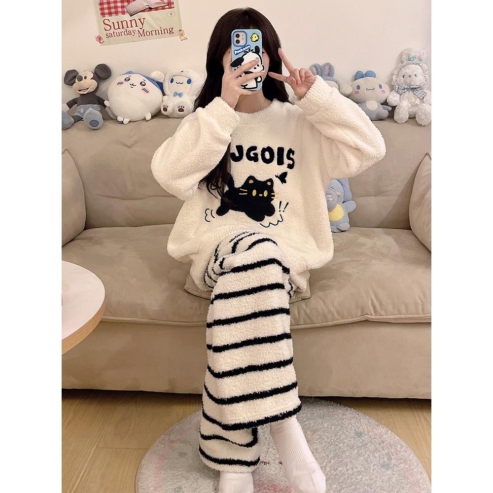 半边绒睡衣女款冬季加厚加绒珊瑚绒可爱小猫学生套装家居服可外穿