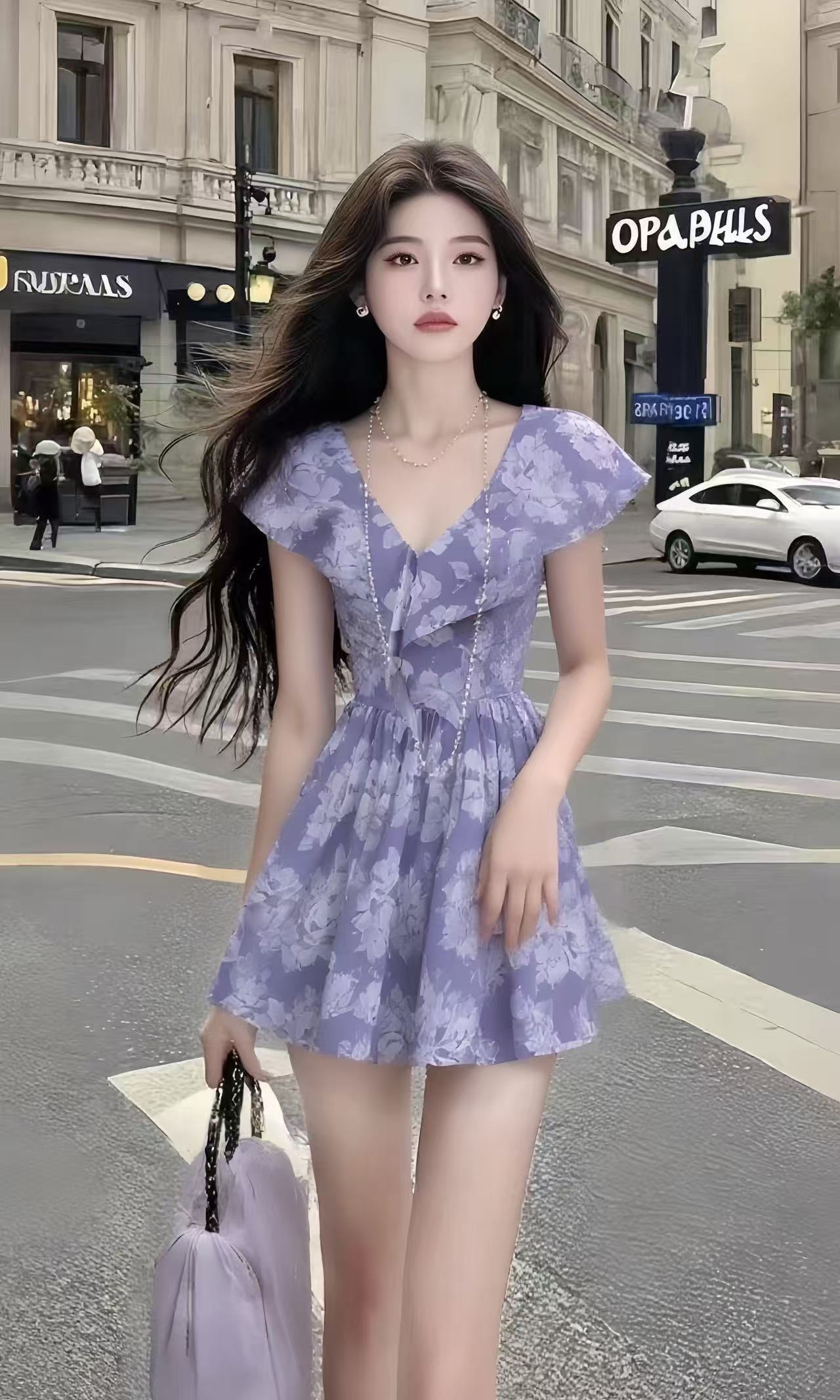 轻奢时尚高端大气短裙纯欲风紫色V领收腰设计感小众显瘦连衣裙女