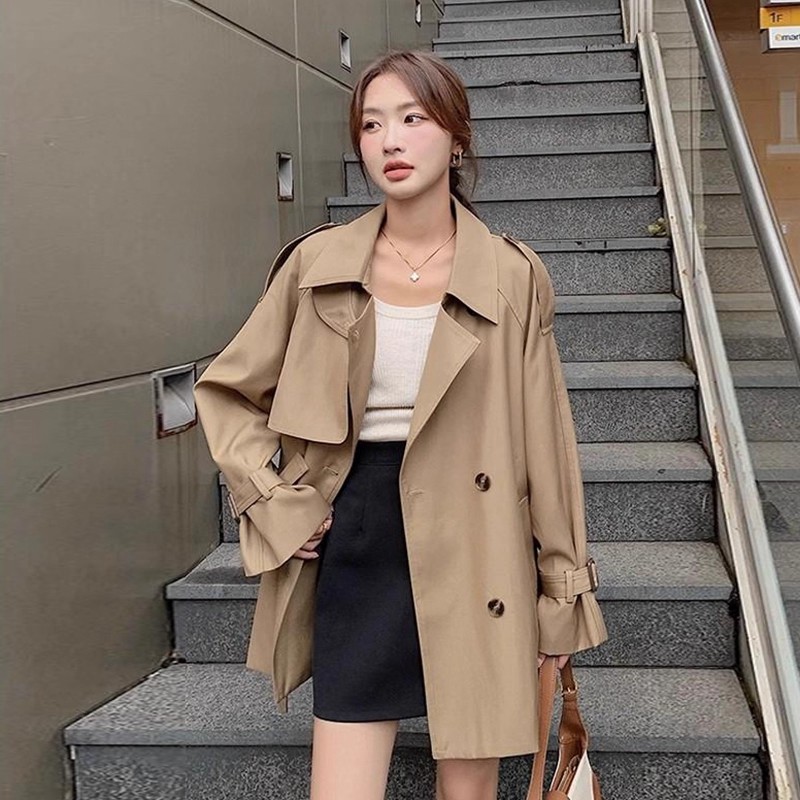 休闲短款风衣外套女2025秋新款双排扣小个子韩版高级感卡其色大衣