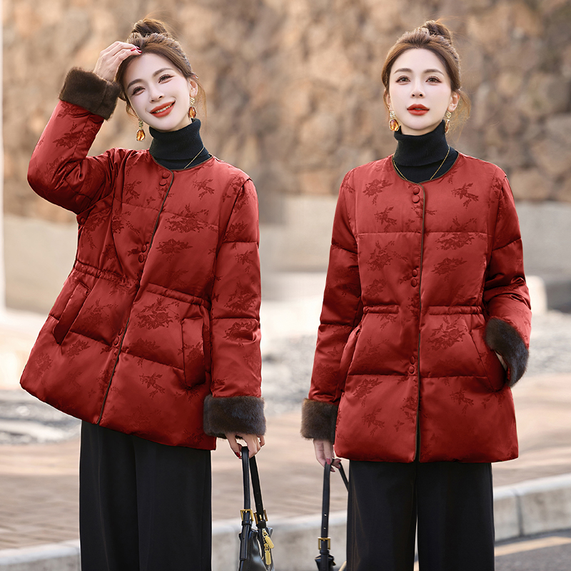 新中式轻国风羽绒服女中长款冬季小个子高端洋气收腰显瘦提花外套