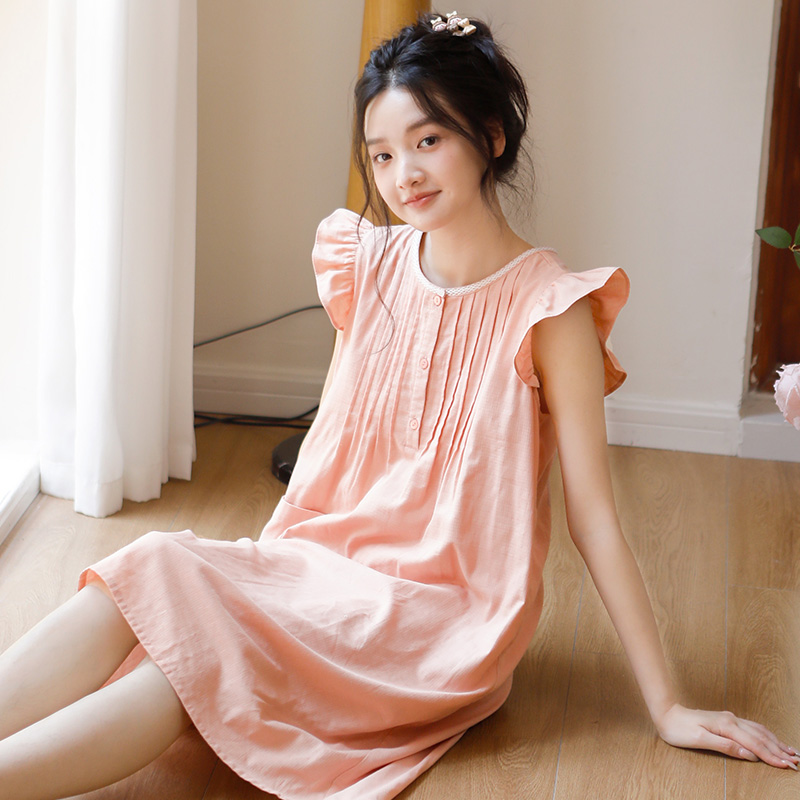 甜美少女夏季睡衣纯棉纱布2025新款中长款宽松薄款家居小飞袖睡裙