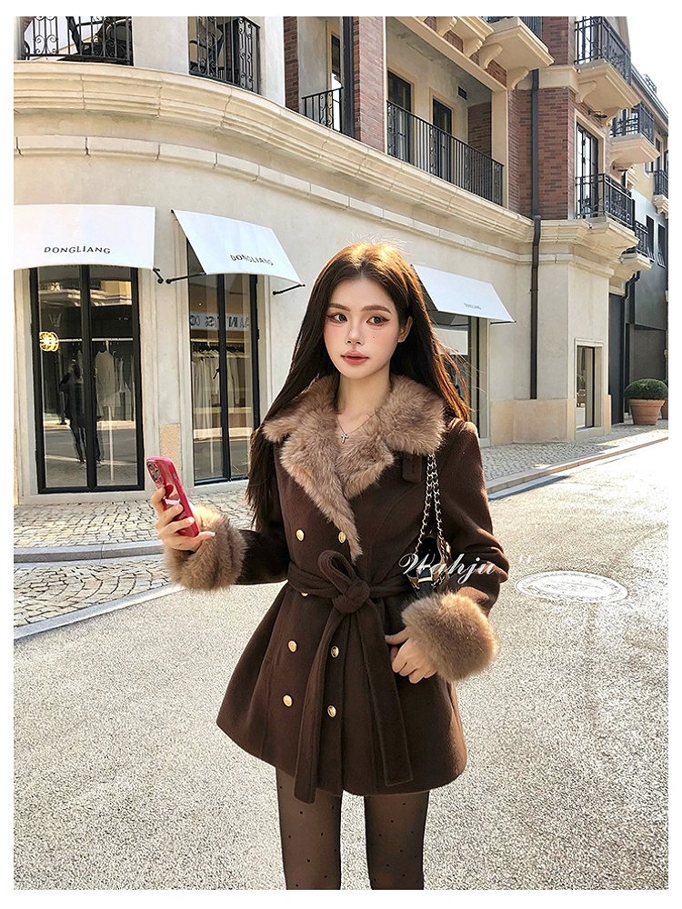 【古着秀场】千金氛围感系带收腰双排扣毛呢外套显瘦气质毛毛大衣