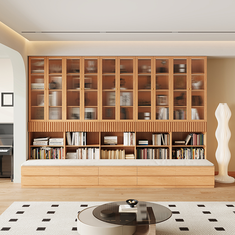 实木定制卡座书柜一体整体客厅书架橡木满墙至储物落地玻璃展示