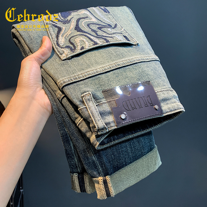 法国Cebrodz高端牛仔裤男夏季新款宽松显瘦哈伦裤水洗绣花男长裤