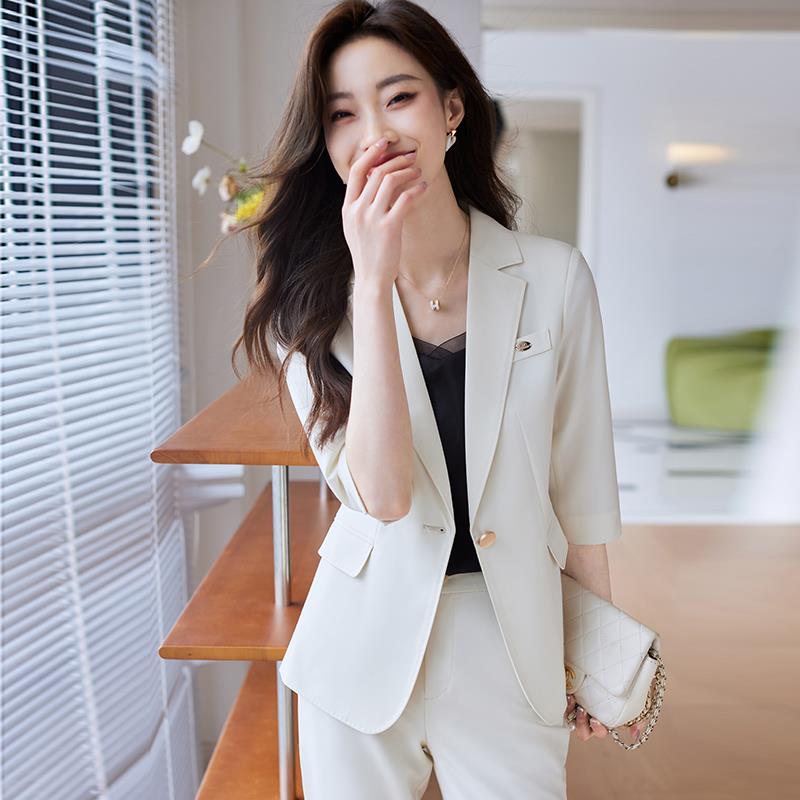 米白色休闲 百搭五分袖西装外套女职业正装小个子工作服西服两件
