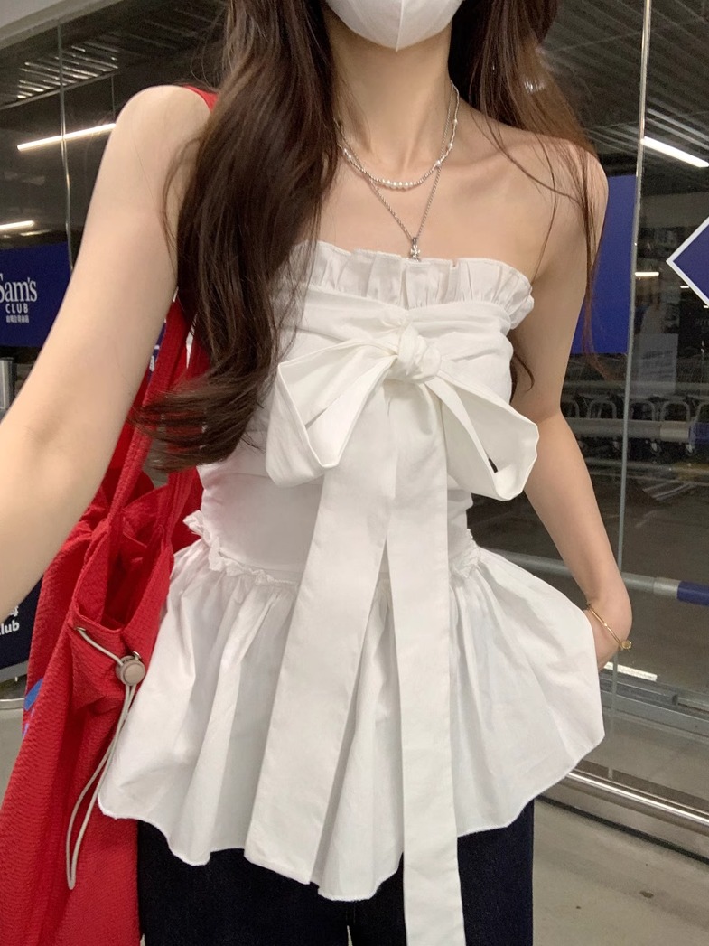 蝴蝶结绑带美背抹胸背心女夏季韩系甜美修身无袖外穿显瘦白色上衣